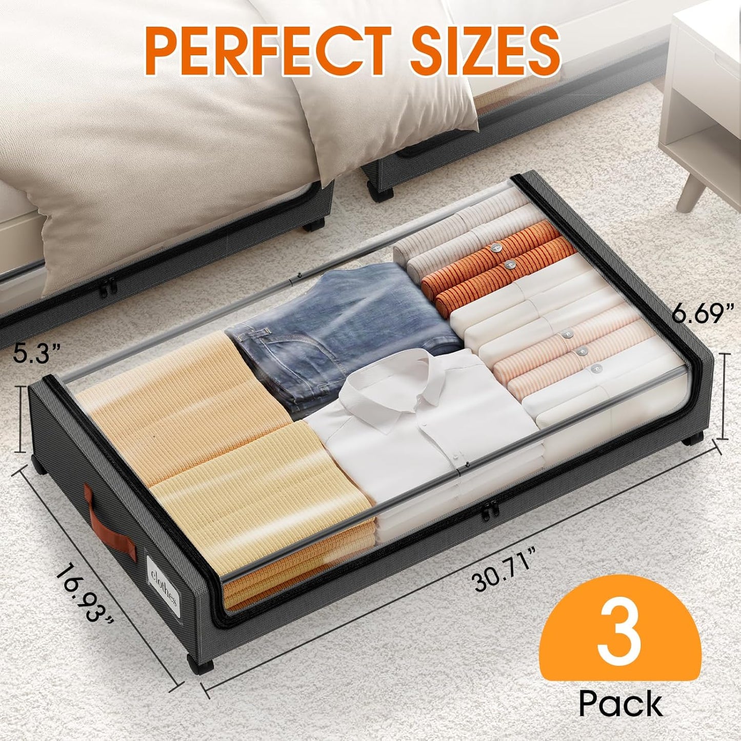 SpaceHacks Under Bed Storage with Wheels 2Pack Storage Containers with Clear Window&Label Under Bed Drawers Rolling Under Bed Storage for Clothes,Shoes, Blankets (30.71 x 16.93 x 6.69 in, Dark Grey)