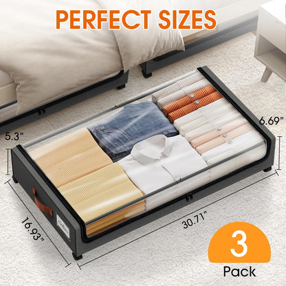 SpaceHacks Under Bed Storage with Wheels 2Pack Storage Containers with Clear Window&Label Under Bed Drawers Rolling Under Bed Storage for Clothes,Shoes, Blankets (30.71 x 16.93 x 6.69 in, Dark Grey)