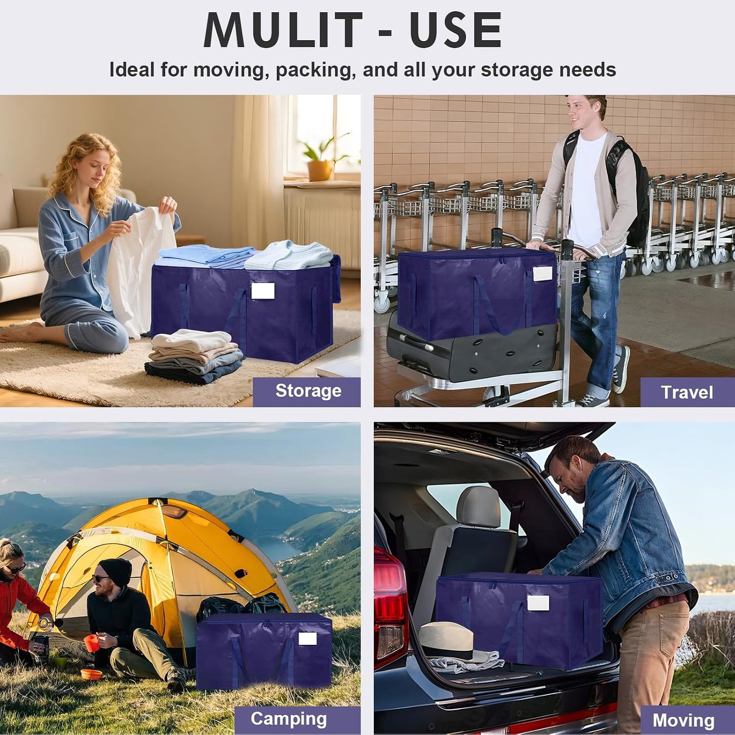 8 Pack-Extra Large Heavy Duty Moving Bags - Waterproof Storage Totes with Handles & Zippers, Foldable for College Dorm, Storage (Clear)