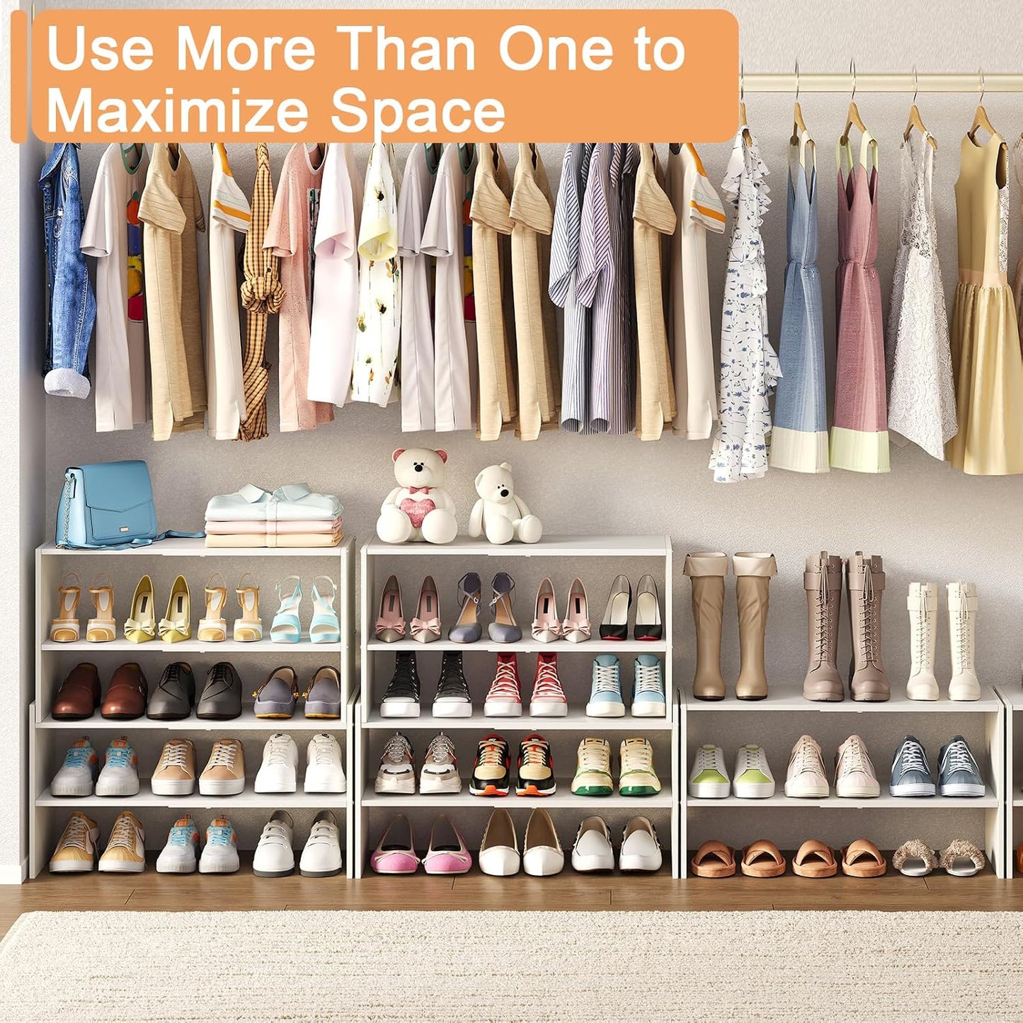 X-cosrack 2 Pack 2-Tier Shoe Rack Organizer for Closet, Expandable and Adjustable White Shoe Rack, Stackable Iron Wood Combination Shoe Storage Shelves for Closets, Entryway, Small Space, Garage