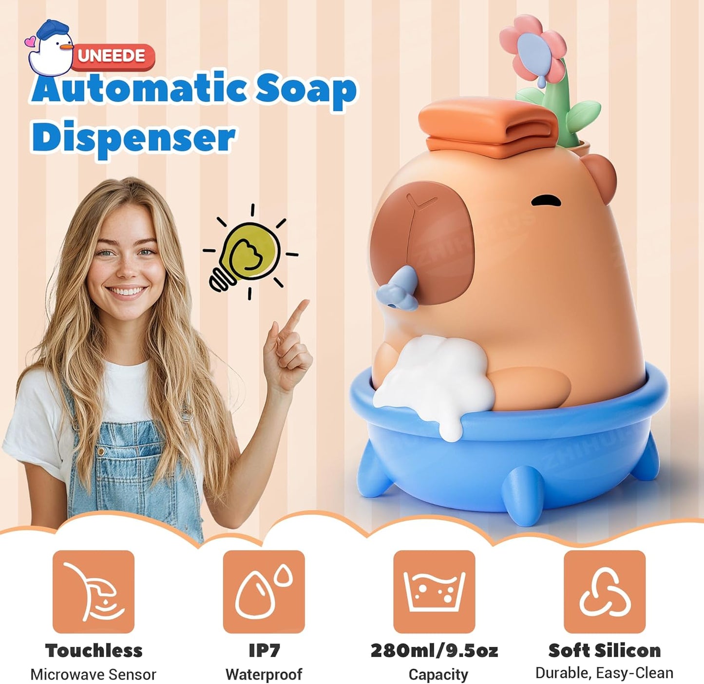 UNEEDE Capybara Hand Soap Dispenser, Automatic Touchless Foaming with Advanced Sensor, IP7 Waterproof, Portable & Wall Mount Rechargeable, 9.5oz/280ml, Cute Soft Silicone for Bathroom, Decor Gifts