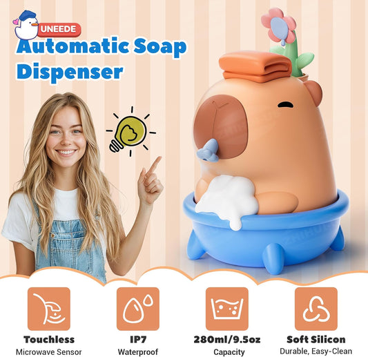 UNEEDE Capybara Hand Soap Dispenser, Automatic Touchless Foaming with Advanced Sensor, IP7 Waterproof, Portable & Wall Mount Rechargeable, 9.5oz/280ml, Cute Soft Silicone for Bathroom, Decor Gifts