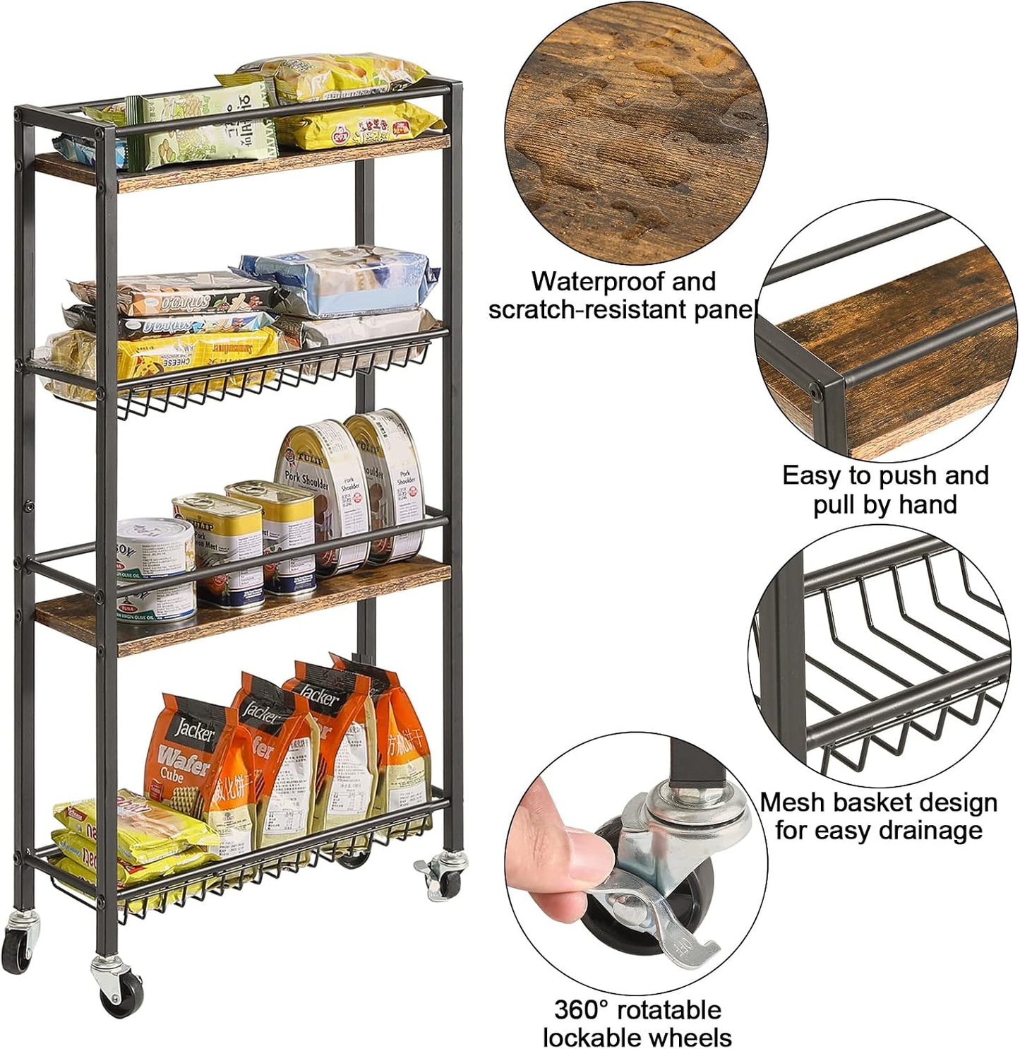 YMYNY Kitchen Storage Rolling Cart 4 Tier on Wheels Rustic Brown HBR002H | for Narrow Spaces, Laundry Room, Dining Room, Bathroom, 32.7" H Shelving Unit with Mesh Baskets