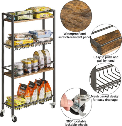 YMYNY Kitchen Storage Rolling Cart 4 Tier on Wheels Rustic Brown HBR002H | for Narrow Spaces, Laundry Room, Dining Room, Bathroom, 32.7" H Shelving Unit with Mesh Baskets