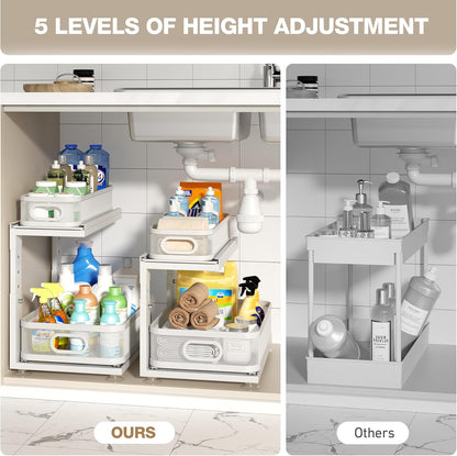 2 Pack 18.5IN-Depth Under Sink Organizer With Next-Gen Ball-Bearing Slides,2-Tier Precision Mesh Pull Out Cabinet Storage for Bathroom&Kitchen,Height Adjustable Drawers Shelf,Anti-rust-White