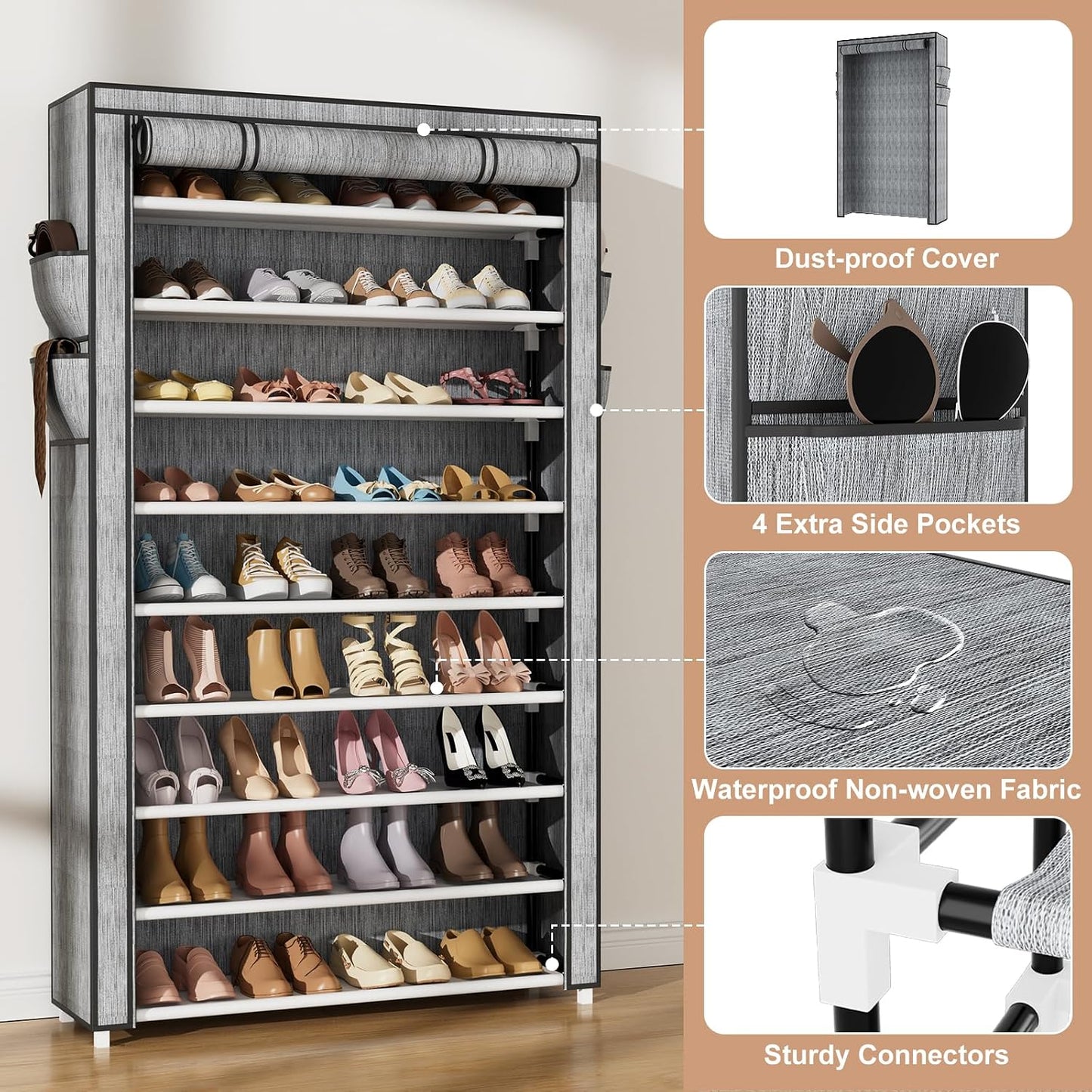 VILICK Shoe Rack with Cover Narrow Shoe Organizer with 4 Side Pockets 10 Tier Tall Shoe Storage Holds 18-22 Pairs Shoes and Boots Shoe Rack for Closet Entryway Garage