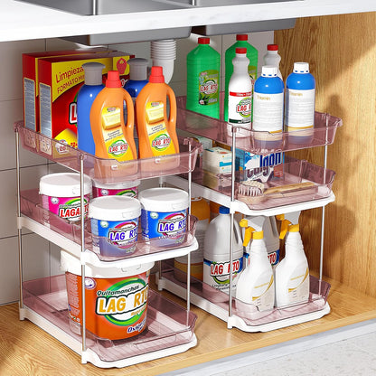 Delamu 2 Sets of 3-Tier Bathroom Under Sink Organizers and Storage, Multi-Purpose Stackable Pantry Organization and Storage, Pull Out Clear Kitchen Bathroom Cabinet Organizer with Movable Dividers | Storage