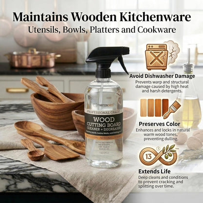 Thirteen Chefs Wood Cutting Board Cleaner - Food Safe Spray for Butcher Blocks and Countertops, Spray Soap for Wooden Surfaces (16oz)