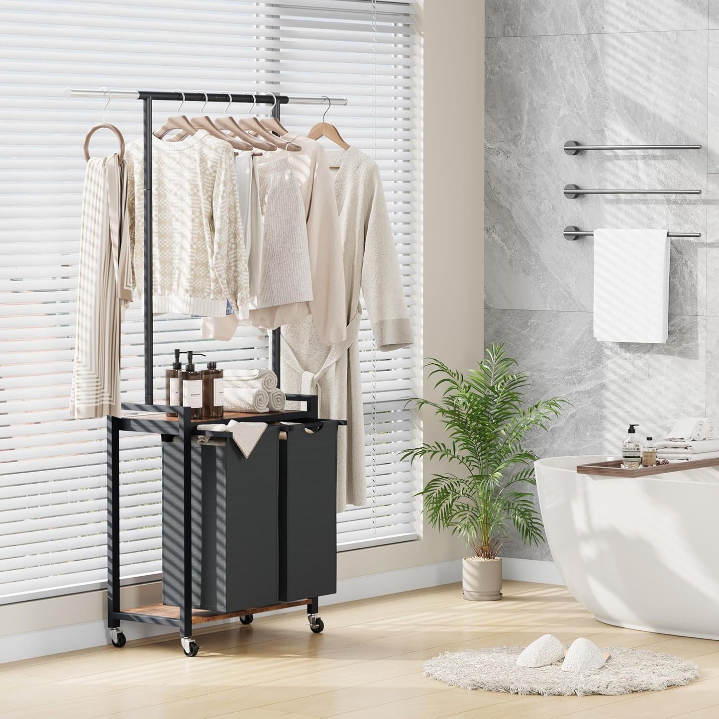 Laundry Basket Organizer, 2 Section Laundry Sorter with Lockable Wheels, Rolling Laundry Hamper with Hanging Rack & Shelf, Folding Station for Laundry Room, Bedroom, Bathroom, Dorm, Closet Storage