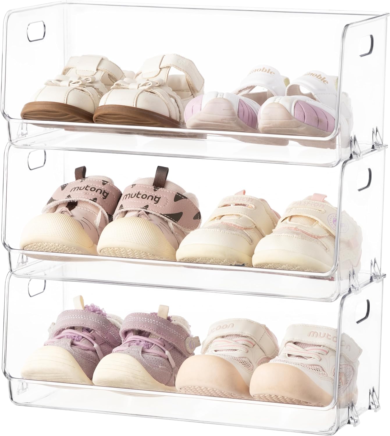 HBlife Clear Acrylic Kids Shoe Rack Baby Toddler Shoe Storage Organizer for Closet Floor Entryway Bedroom, 4 Tier Stackable Small Shoe Rack Shelf Display Stand