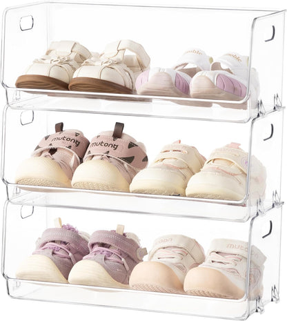 HBlife Clear Acrylic Kids Shoe Rack Baby Toddler Shoe Storage Organizer for Closet Floor Entryway Bedroom, 4 Tier Stackable Small Shoe Rack Shelf Display Stand