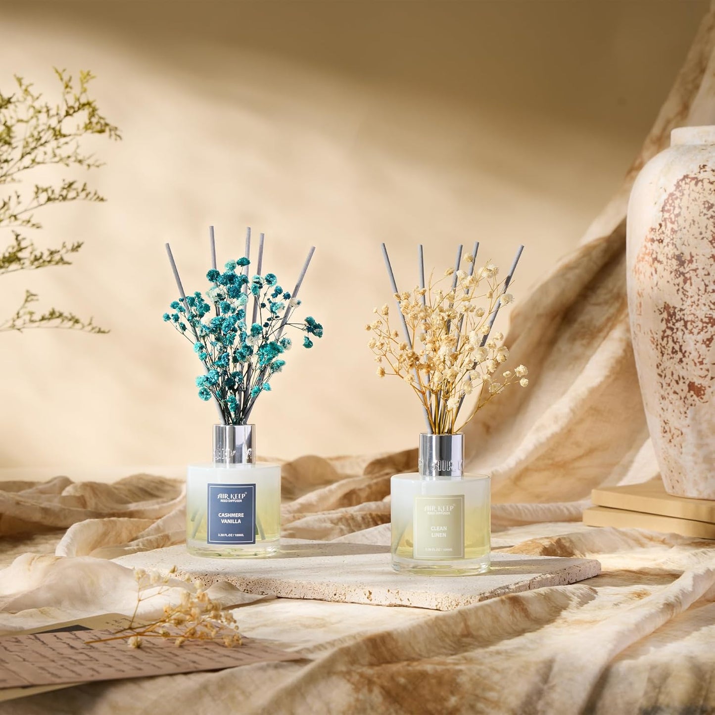 Airkeep Reed Diffuser Set,3.38 fl oz (100 ml) - Clean Linen Oil Diffusers with 8 Reed Sticks,Home Fragrance Reed Diffuser for Bathroom Shelf Decor