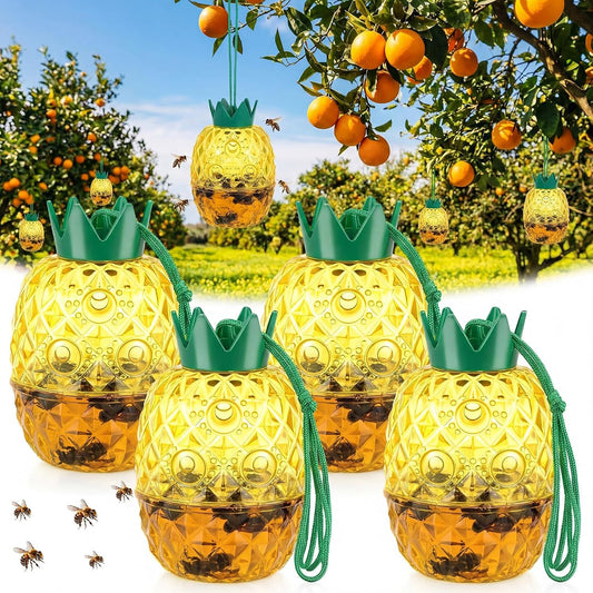 4 Pack Wasp Trap Outdoor Hanging, Reusable Yellow Jacket & Hornet Trap with Bait Reservoir, Durable Outdoor Bee Catcher for Garden, Patio, Orchard, Pineapple Design
