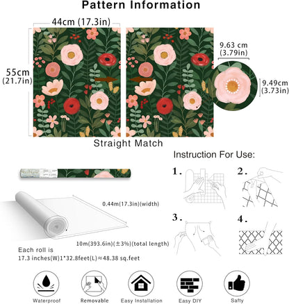 HAOKHOME Floral Peel and Stick Wallpaper Boho Vintage Wall Paper Removable for Bathroom Nursery Beige/Pink/Red Contact Paper 17.3in x 9.8ft