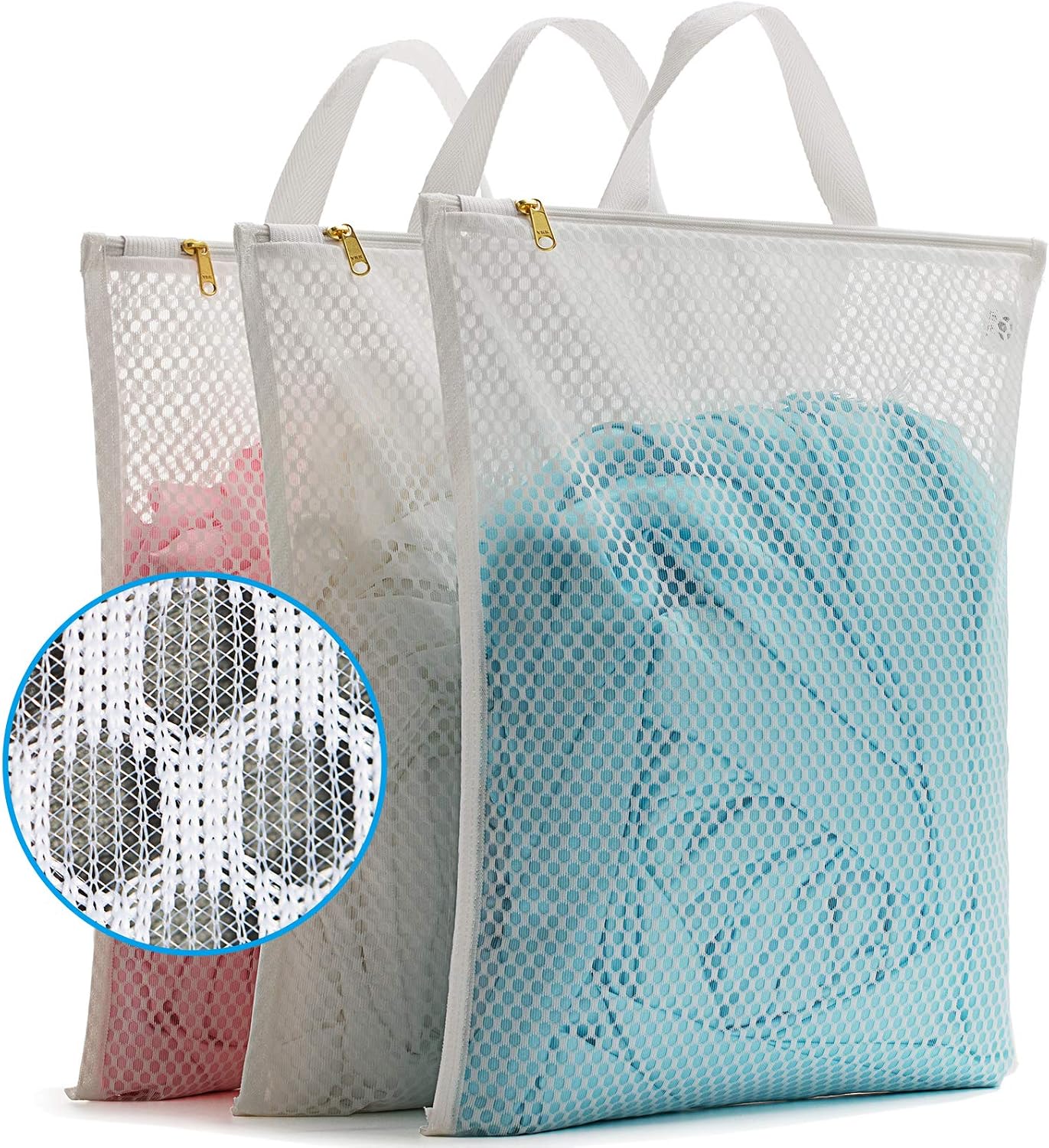 Tenrai Laundry Bag Mesh Wash Bag，Use YKK Zipper，Tote Bag Bathroom Hanging, Bra Fine Mesh Wash Bag for Underwear 3 Bags（3L Cellular Mesh）