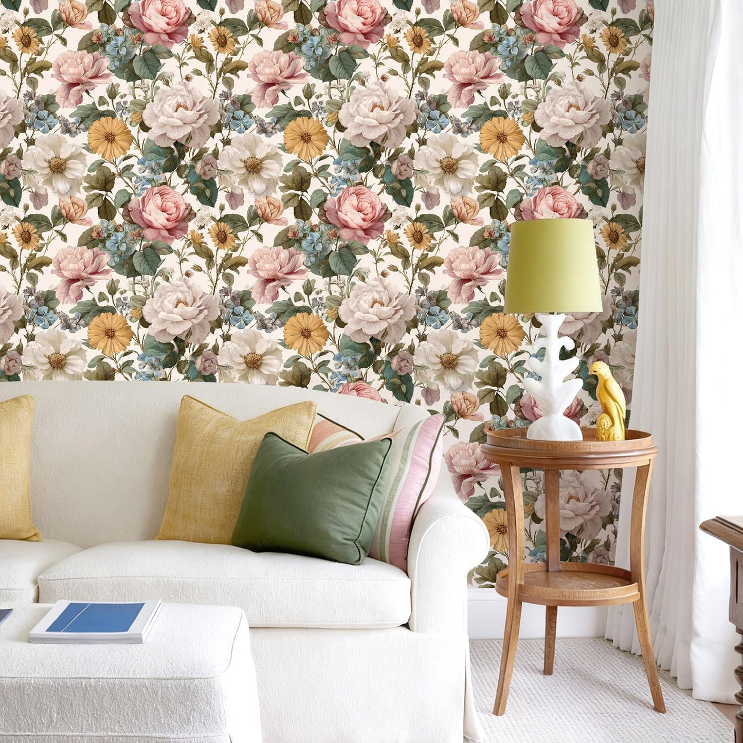 Orainege Pink Floral Peel and Stick Wallpaper Removable Self Adhesive Wallpaper 16.9inx118.1in Modern Wall Paper for Bedroom Bathroom Green Leaf Contact Paper for Cabinets