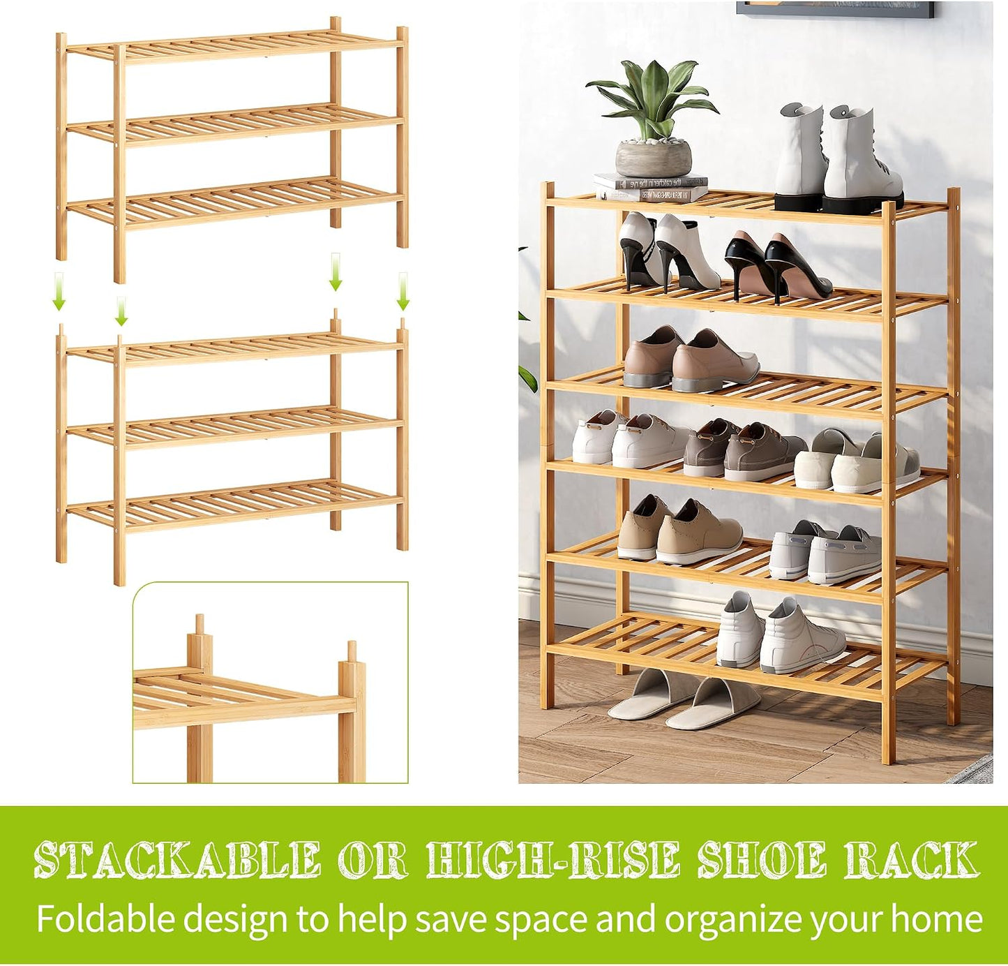 BMOSU 2-Tier Bamboo Small Shoe Rack Premium Stackable Shoe Shelf Storage Organizer for Hallway Closet Living Room Entryway Organizer (Black Bamboo)