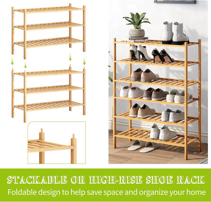 BMOSU 2-Tier Bamboo Small Shoe Rack Premium Stackable Shoe Shelf Storage Organizer for Hallway Closet Living Room Entryway Organizer (Black Bamboo)