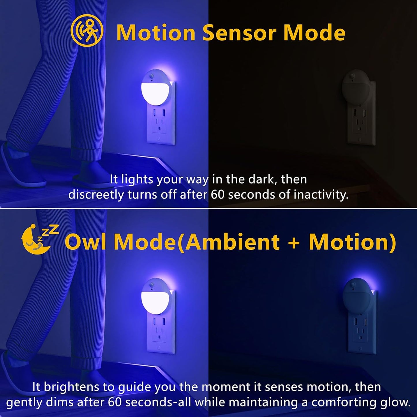 YUNLEX 2 Pack Plug in Night Light with Motion Sensor and Dusk to Dawn Sensor, Stepless Dimming, Warm White LED Nightlight with 3 Lighting Ways for Bathroom, Bedroom, Kitchen, for Kids, Adults