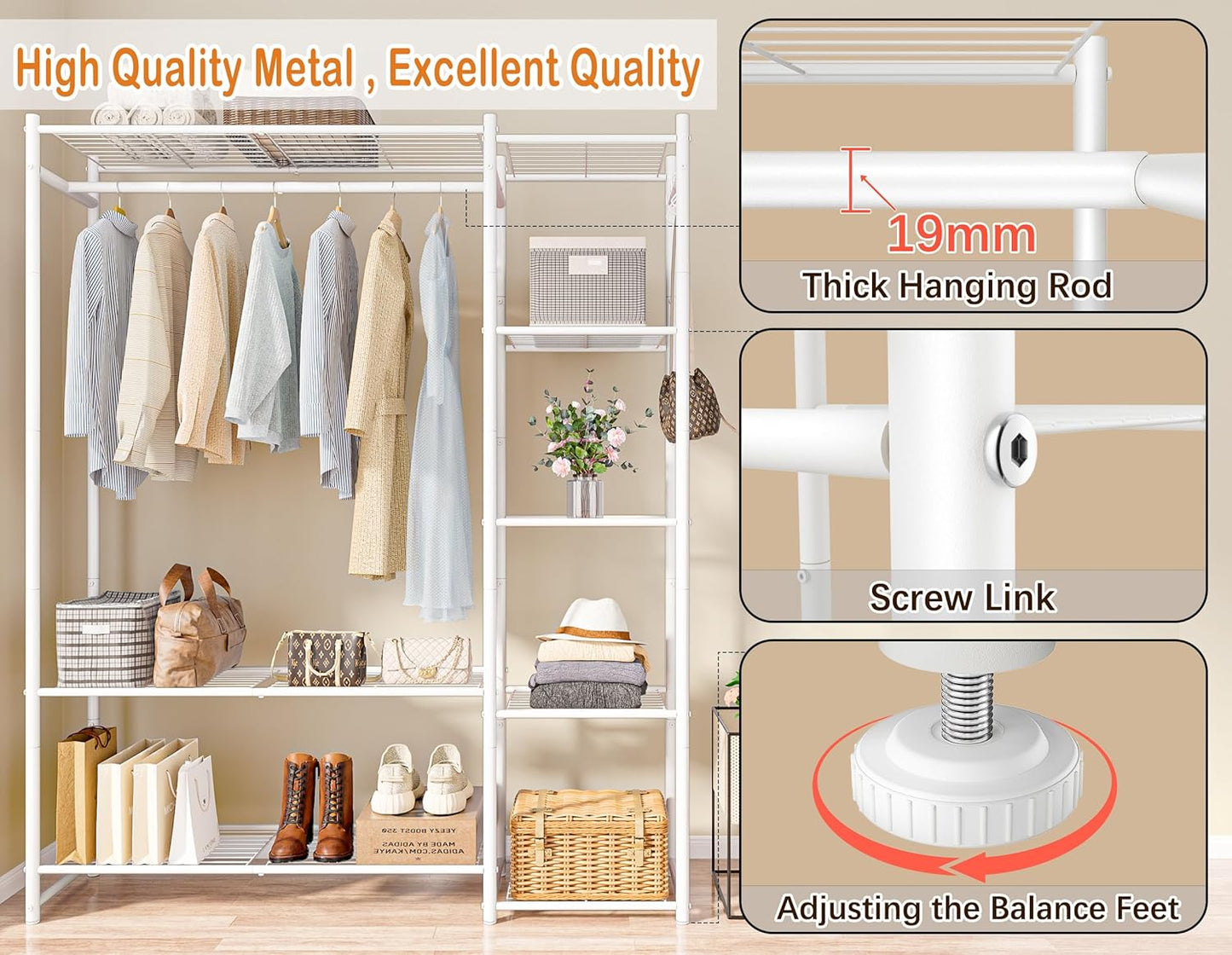 Wardrobe Closet,Portable Clothes Rack with 4 Tiers Shelves,Freestanding Closet Organizers and Storage System with Hanging Rods,Steel Clothing Rack Suitable for Cloakrooms,Bedrooms,Entrances,etc.Black
