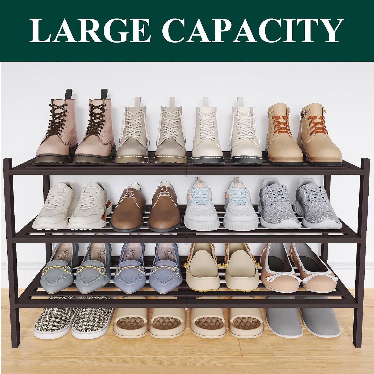 Smiry Bamboo Shoe Rack, 3 Tier Free Standing Wooden Shoe Organizer, Stackable Wood Shoe Storage Shelf for Closet, Entryway, 5 Horizontal Slats, 26.8"x11"x18.3", Natural