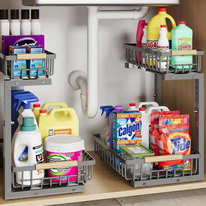 Under Sink Organizer Storage for Families: Pull Out Storage Undersink Organizers Drawer Cabinet - Sliding 2 Tier Rack Metal Organization Under Counter Kitchen Bathroom for Homemakers(White,1 Pack)