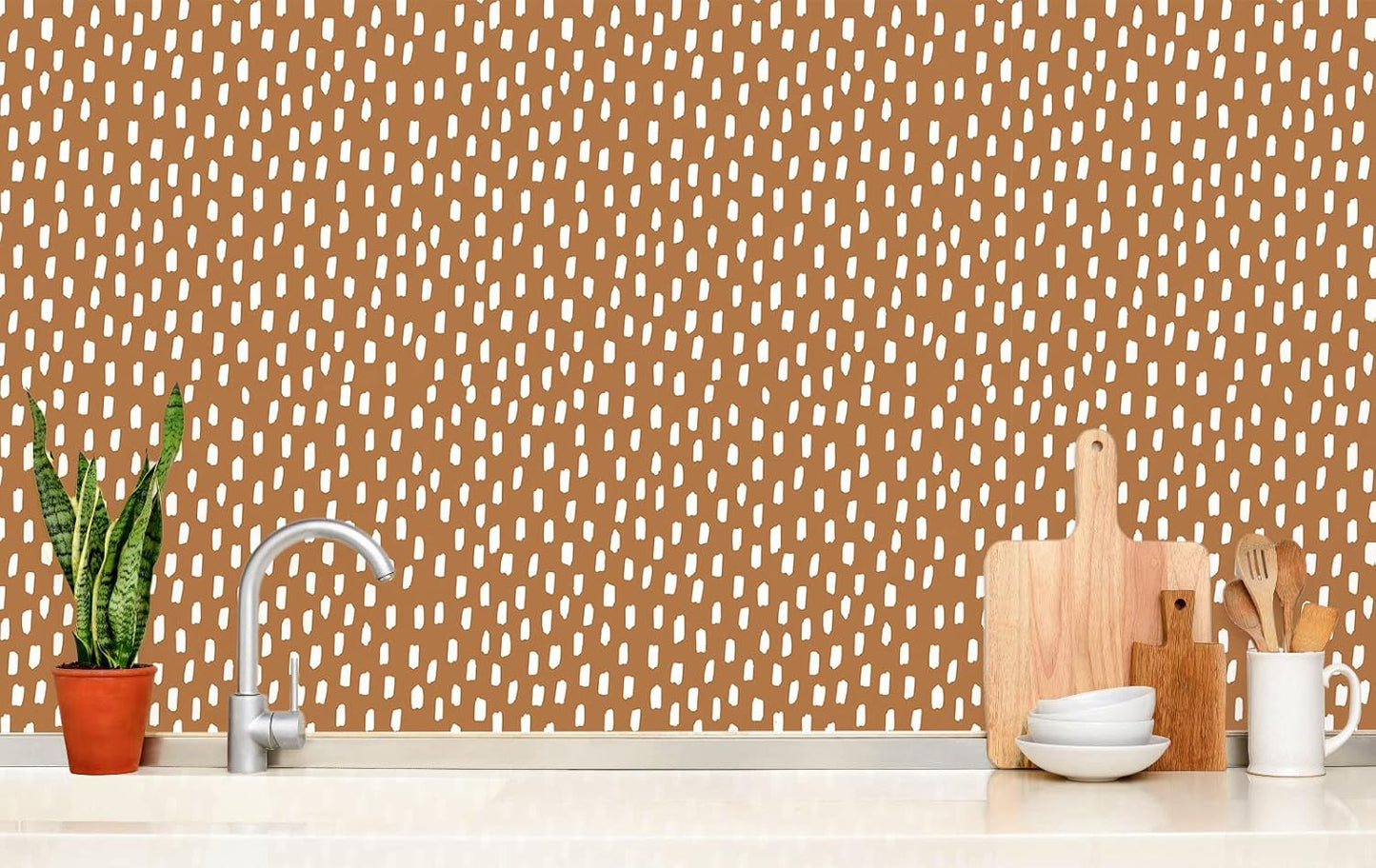 HAOKHOME Peel and Stick Wallpaper Boho Modern Dots Wall Paper Removable for Bathroom Caramel/White Contact Paper 17.3in x 9.8ft