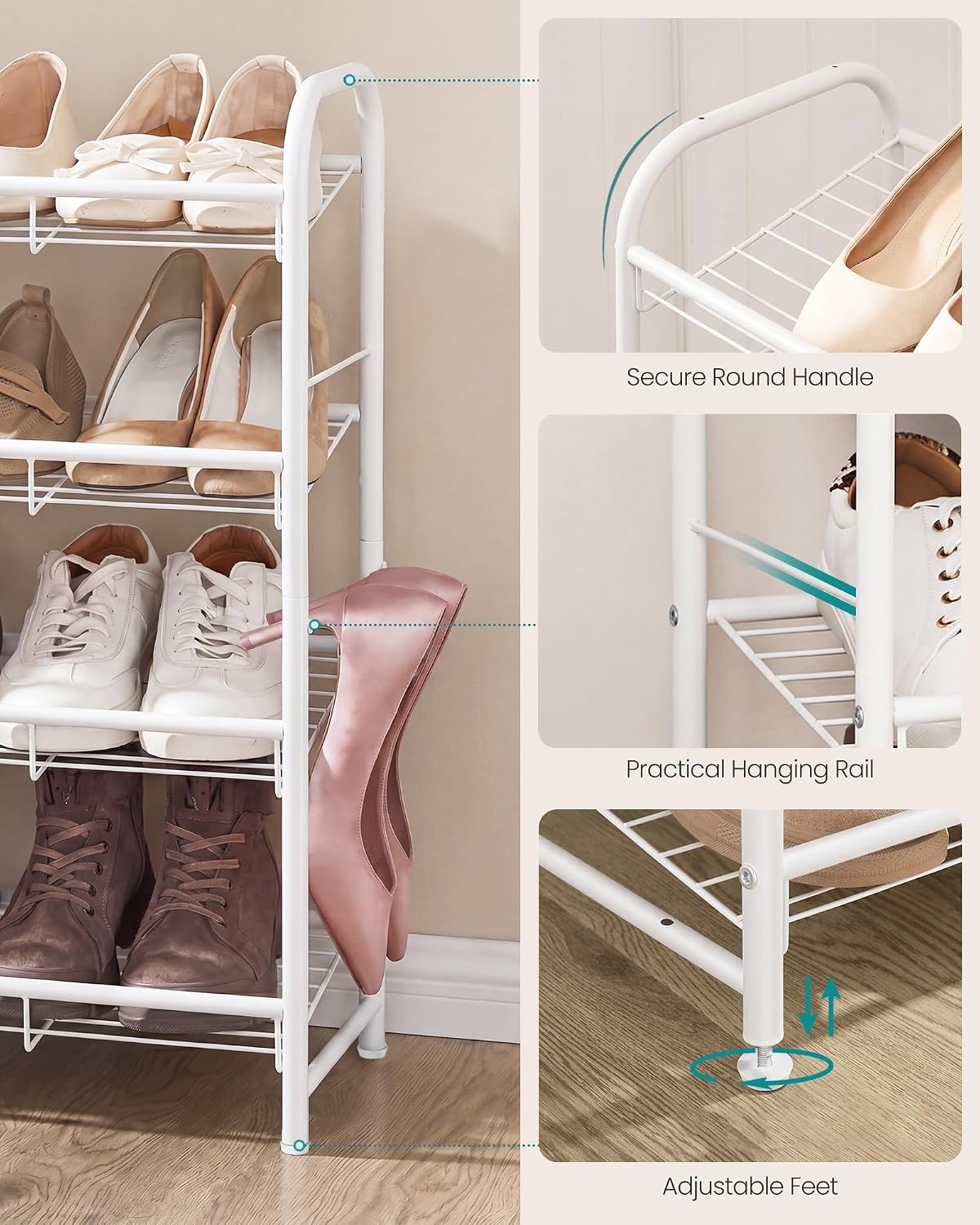 SONGMICS Stackable Shoe Rack, 4 Tier Metal Shoes Rack Storage Shelf, Holds up to 16 Pairs Shoes, Adjustable Slanted Shelves Shoe Tower Organizer for Closet Entryway Small Spaces, Black