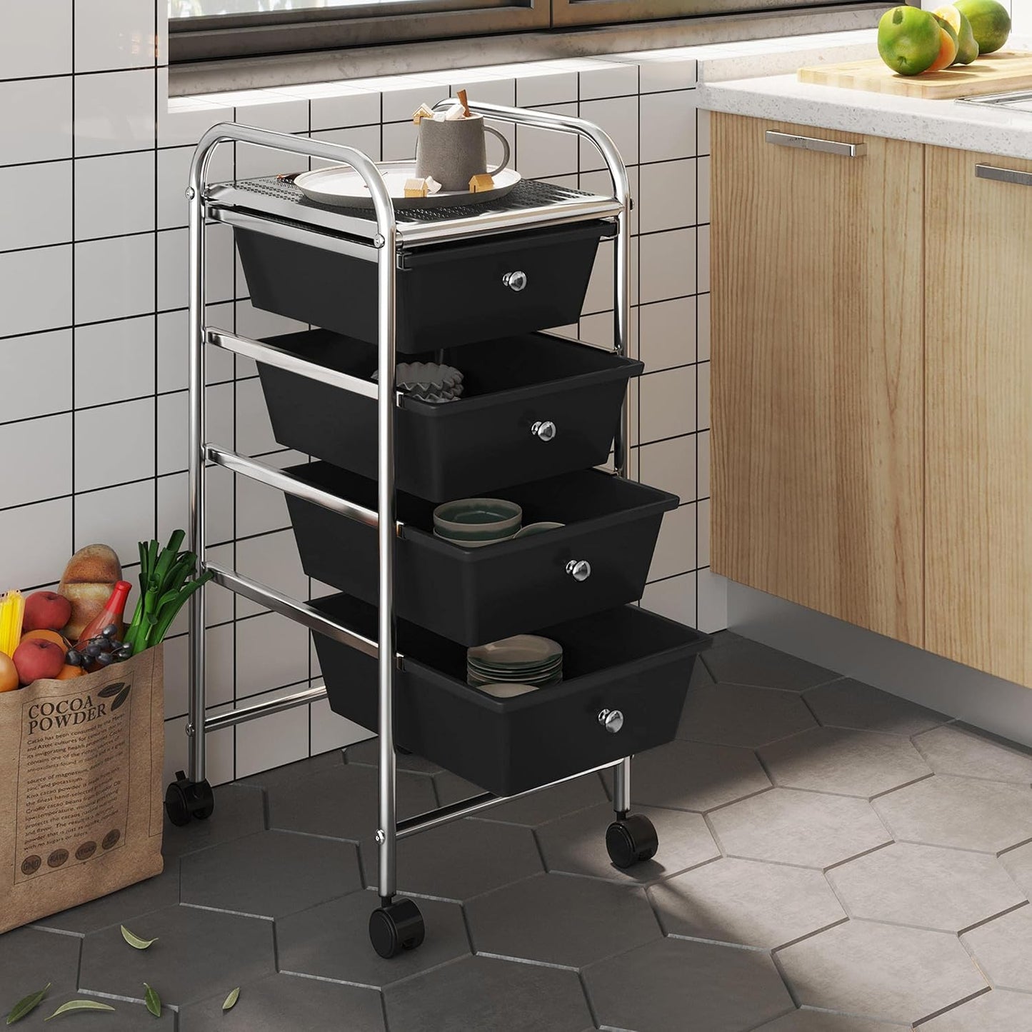 Yaheetech 4-Drawer Rolling Storage Cart with Wheels, Slim Organizer, Black | Four drawers plus a top shelf organize craft to bath gear; slim chrome-steel frame, plastic bins, locking wheels, easy setup.
