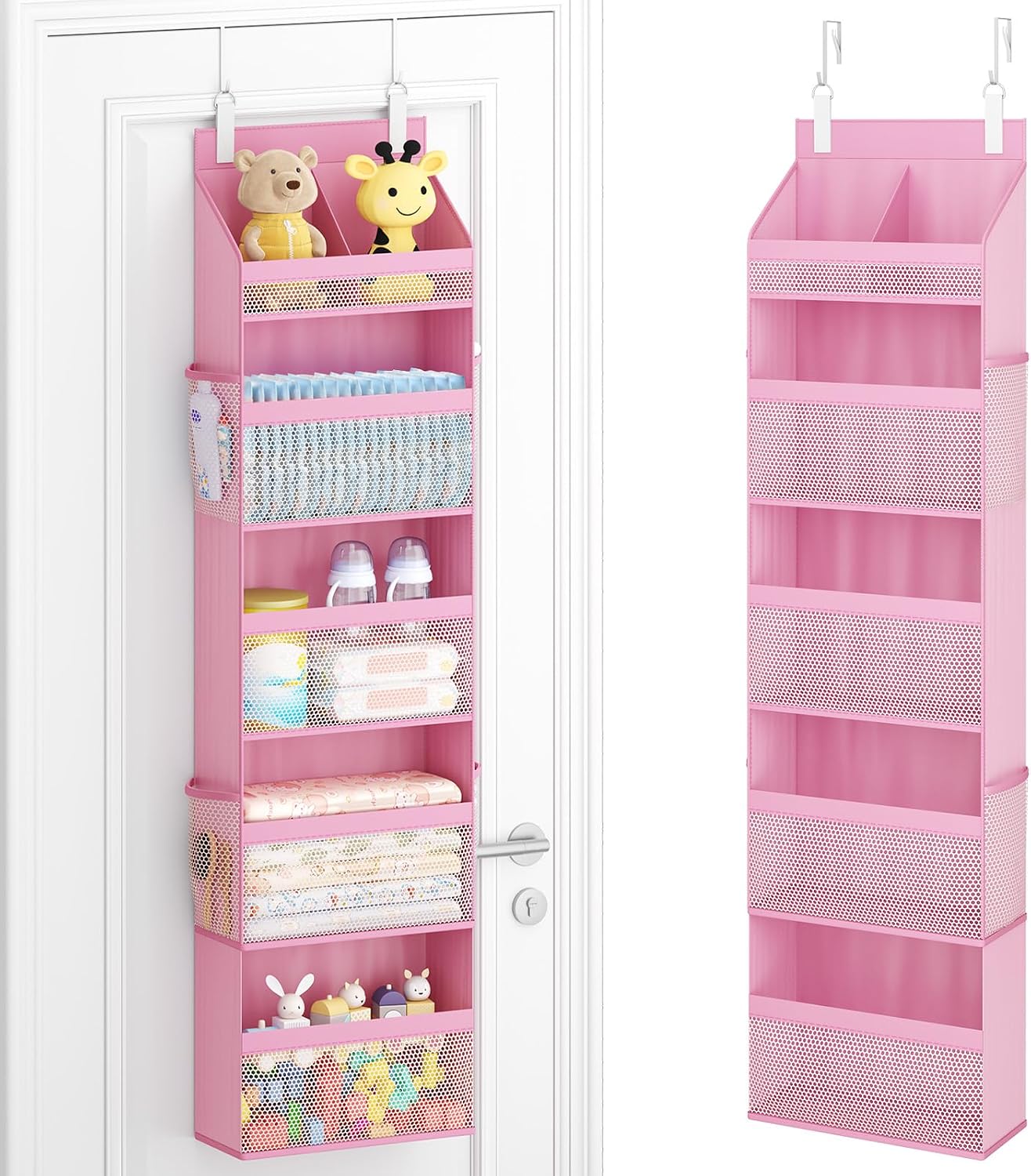 Lifewit 4 Tier Over the Door Diaper Organizer for Nursery, Large Heavy Duty Hanging Storage with 4 Mesh Side Pockets, Sturdy Back of Door Shelf for Baby Stuff Toy in Pantry, Laundry, Bathroom, Gray