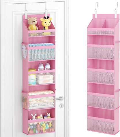 Lifewit 4 Tier Over the Door Diaper Organizer for Nursery, Large Heavy Duty Hanging Storage with 4 Mesh Side Pockets, Sturdy Back of Door Shelf for Baby Stuff Toy in Pantry, Laundry, Bathroom, Gray