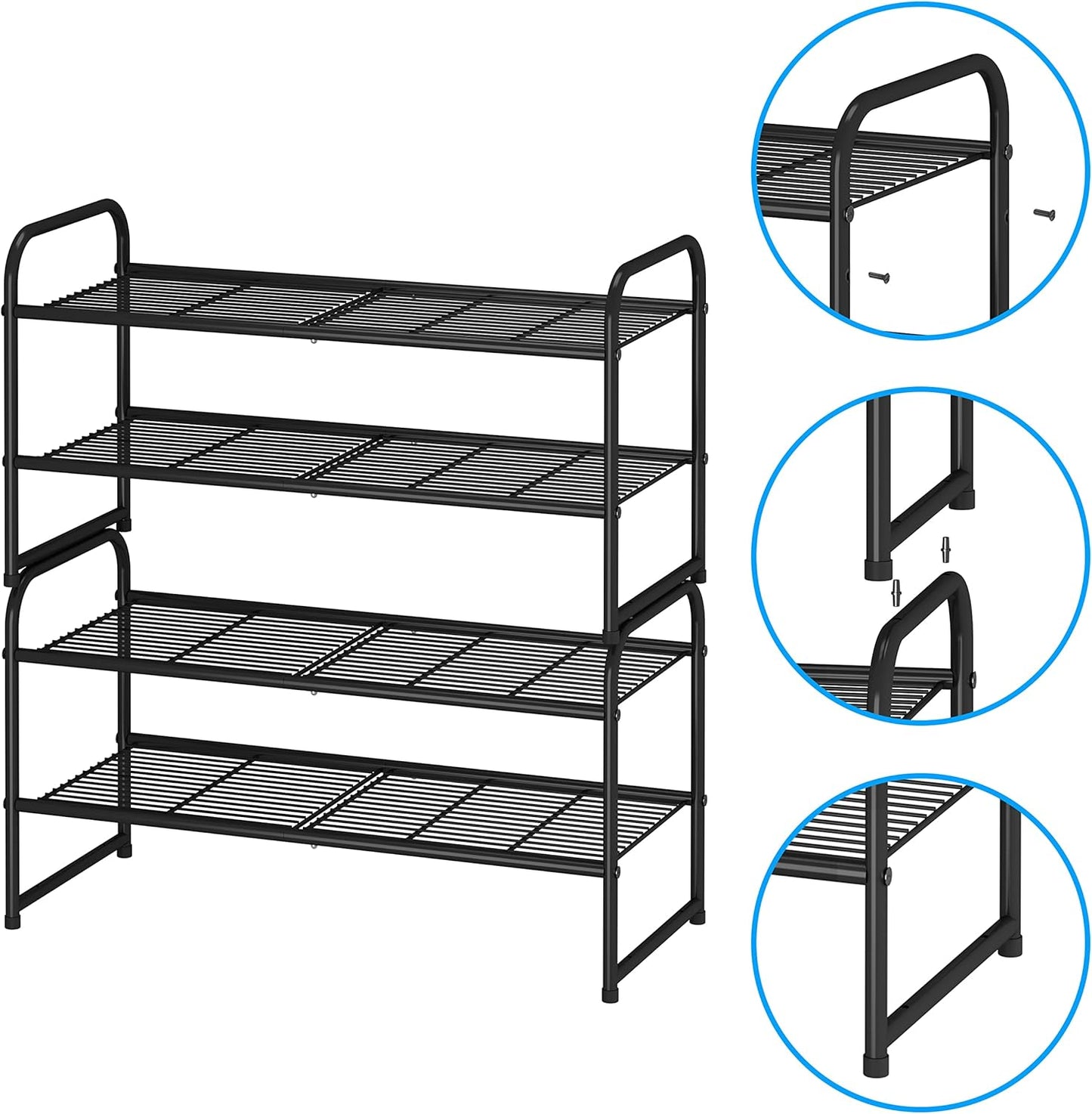 Simple Trending 3-Tier Stackable Shoe Rack, Expandable & Adjustable Shoe Shelf Storage Organizer, Wire Grid, Black