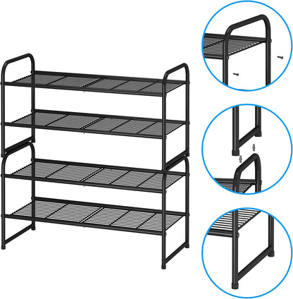 Simple Trending 3-Tier Stackable Shoe Rack, Expandable & Adjustable Shoe Shelf Storage Organizer, Wire Grid, Black