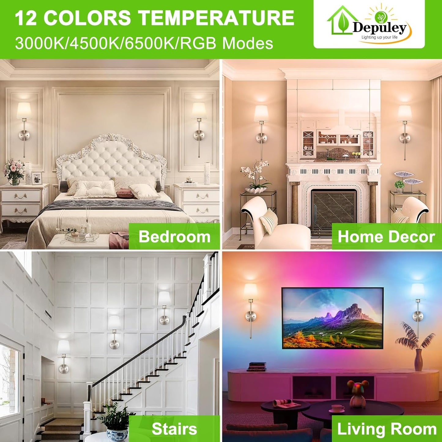 Depuley Battery Operated Wall Sconce: Set of 2 Wireless Wall Lights with 10000mAh Dimmable Bulbs and Remote for Bedroom - Rechargeable 15 Colors Gold Wall Lamp for Living Room Hallway