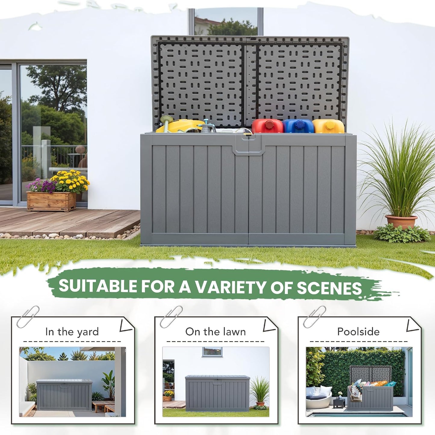 Greesum Outdoor Storage Box 31 Gallon Storage Box with Lid for Patio Furniture, Garden Tools, Pool Supplies, Waterproof and UV Resistant, Lockable, Dark Black