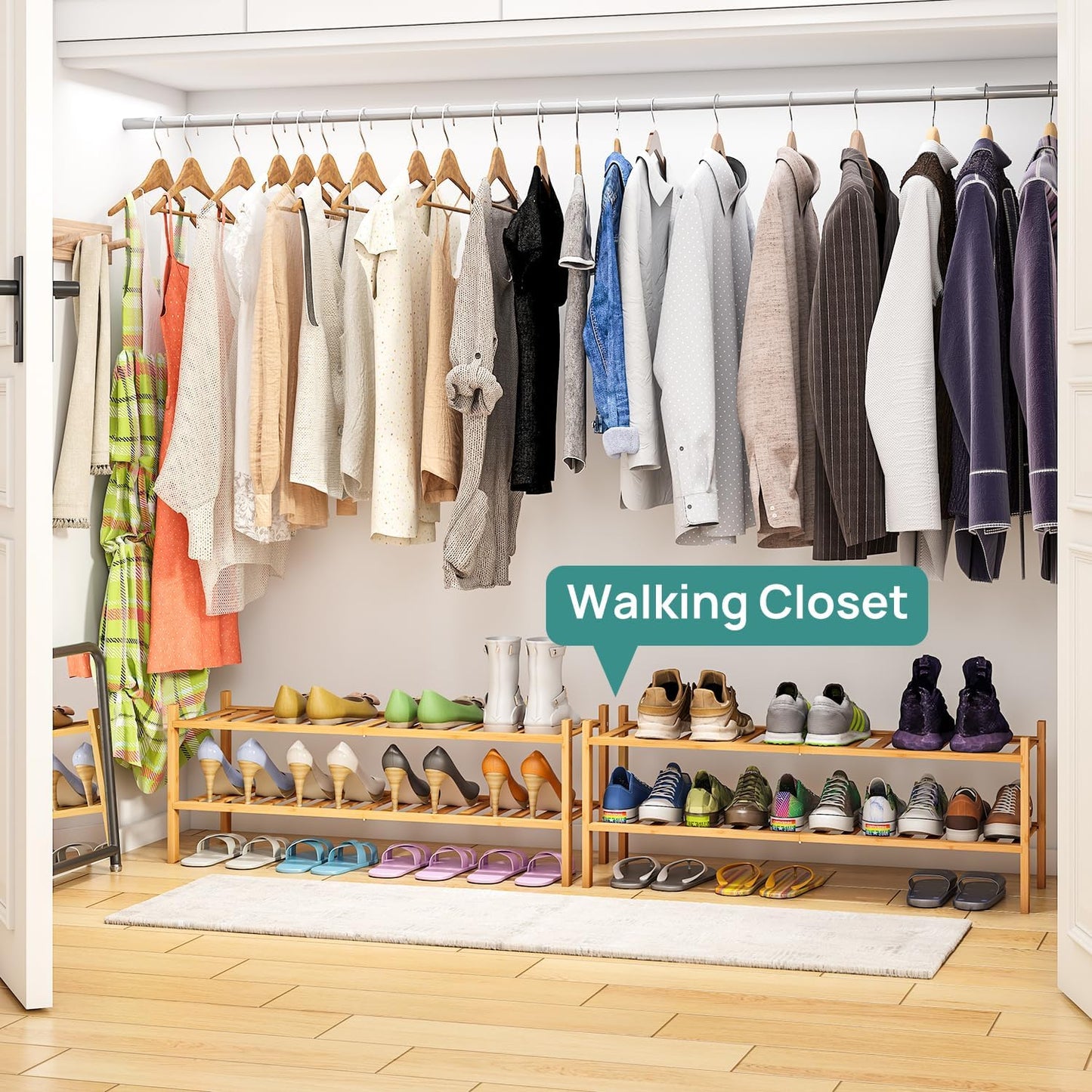 viewcare 3-Tier Black Bamboo Shoe Rack for Entryway, Stackable | Foldable | Natural, Shoe Shelf Storage Organizer for Hallway Closet, Free Standing Shoe Racks for Indoor Outdoor