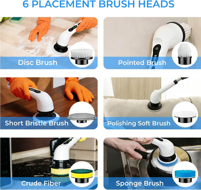 Electric Spin Scrubber for Bathroom, Cordless & Rechargeable with 6 Interchangeable Heads, Extendable Long Handle 48 in for Tile, Grout, Tub & Floor Cleaning