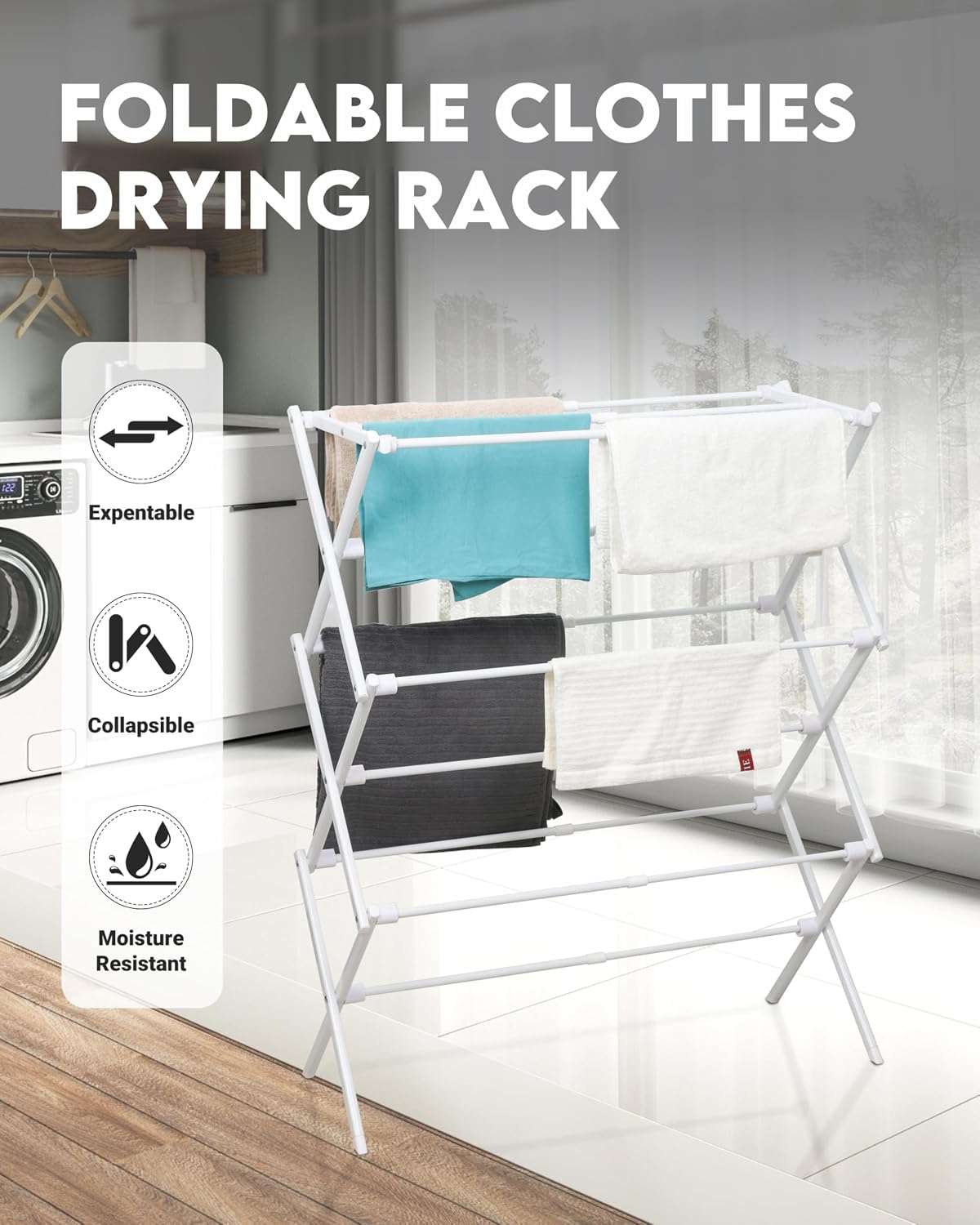 3-Tier Metal Folding Clothes Drying Rack, Laundry Drying Rack Clothing | Collapsible Dryer Racks for Laundry | Indoor & Outdoor,Black