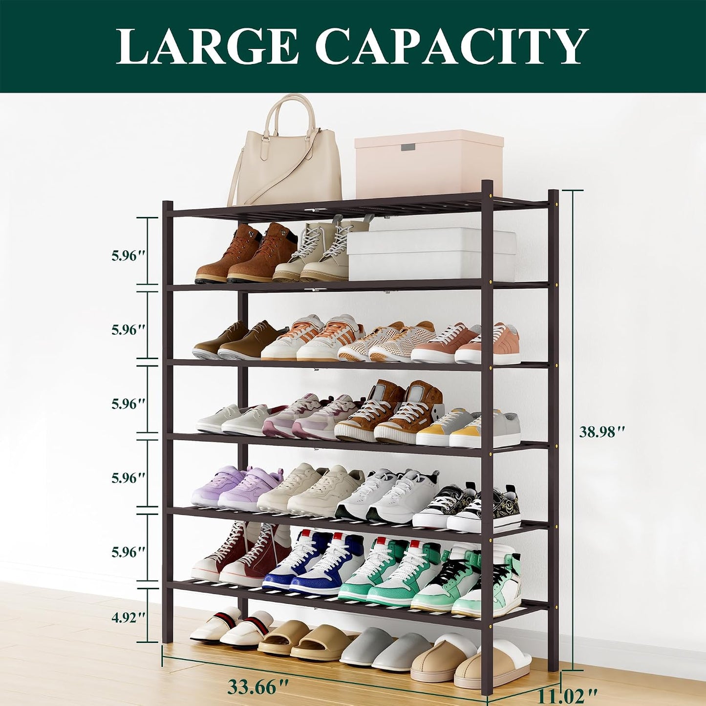 Smiry Bamboo Shoe Rack, 3 Tier Free Standing Wooden Shoe Organizer, Stackable Wood Shoe Storage Shelf for Closet, Entryway, 12 Vertical Slats, 2+1 Stack Standard Legs, 26.8"x11"x19.5", Natural