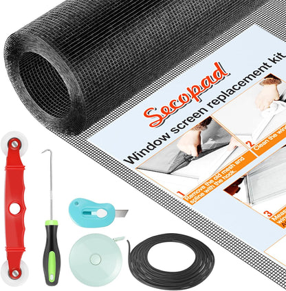 Secopad Window Screen Door Repair Kit, 48" x 177" Screen Door Mesh Replacement Kit, Durable Fiberglass Mesh Roll with Tools for Windows Doors Patio and Porch Replacement, Black