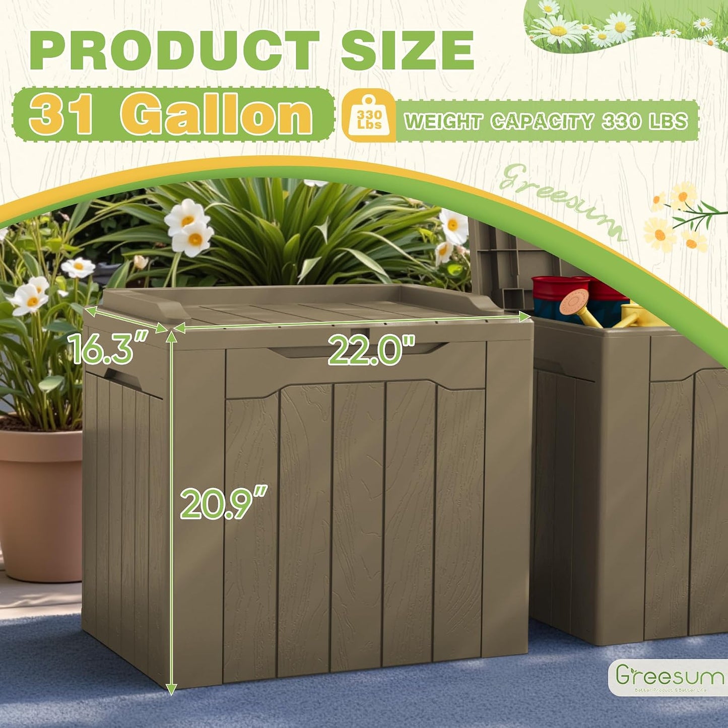 Greesum 31 Gallon Resin Deck Box All Weather Outdoor Storage Boxes for Patio Furniture Set,Outdoor Toys,Garden Tools,Black