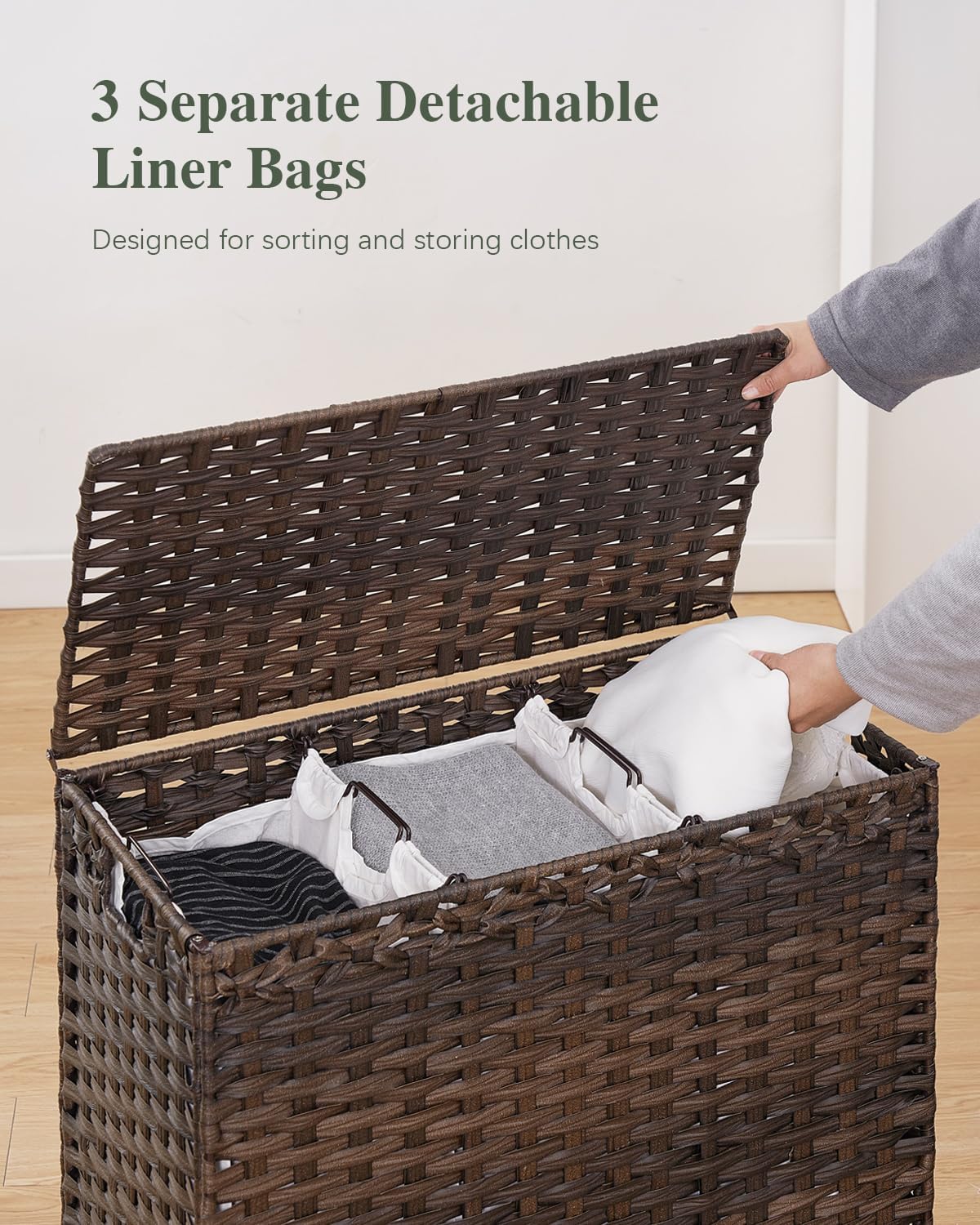 SETVSON Laundry Hamper with Lid 132 L, (35 Gallons) Clothes Hamper with Lid, Handwoven Rattan Laundry Hamper with Metal Heightened Feet, Laundry Hampers with 3 Removable Liner Bags for Laundry-Natural