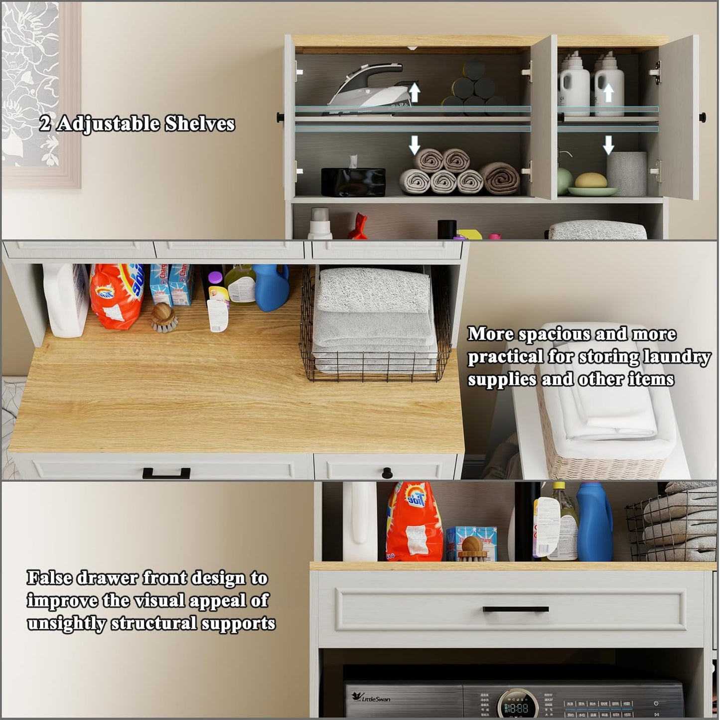 GDFStudio Over the Washer Laundry Storage Cabinet, 26" L x 22" W x 35" H Laundry Room Organizer with Basket 1 Drawer 2 Adjustable Shelves, Freestanding Washing Machine Shelf Unit Antique White