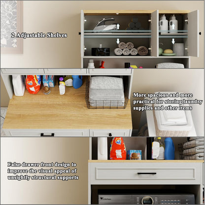 GDFStudio Over the Washer Laundry Storage Cabinet, 26" L x 22" W x 35" H Laundry Room Organizer with Basket 1 Drawer 2 Adjustable Shelves, Freestanding Washing Machine Shelf Unit Antique White