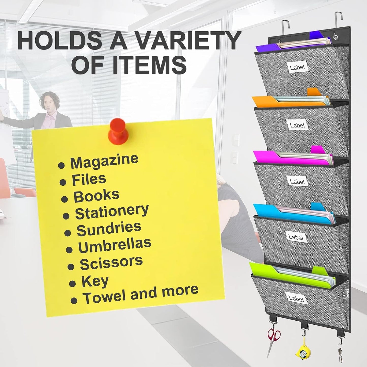 homyfort Over the Door File Organizer, Wall Hanging File Folders with 5 Large Pocket for Mails, Magazines, Back to School Supplies,Office Chart Storage, Paper Organization (Grey)
