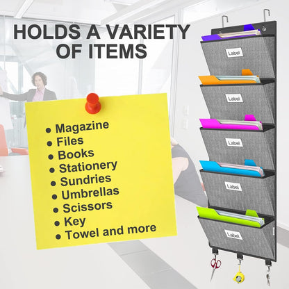 homyfort Over the Door File Organizer, Wall Hanging File Folders with 5 Large Pocket for Mails, Magazines, Back to School Supplies,Office Chart Storage, Paper Organization (Grey)