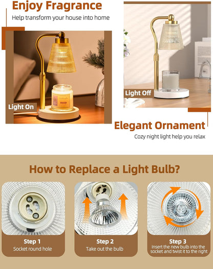 Candle Warmer Lamp for Jar Candles, Height Adjustable & Dimmable with 2/4/8H Timer, 2*50W Halogen Wax Melter Warmer for Home Office Décor, Flameless & Smokeless, Gift for Women Mom, Black-Clear/1 Pack