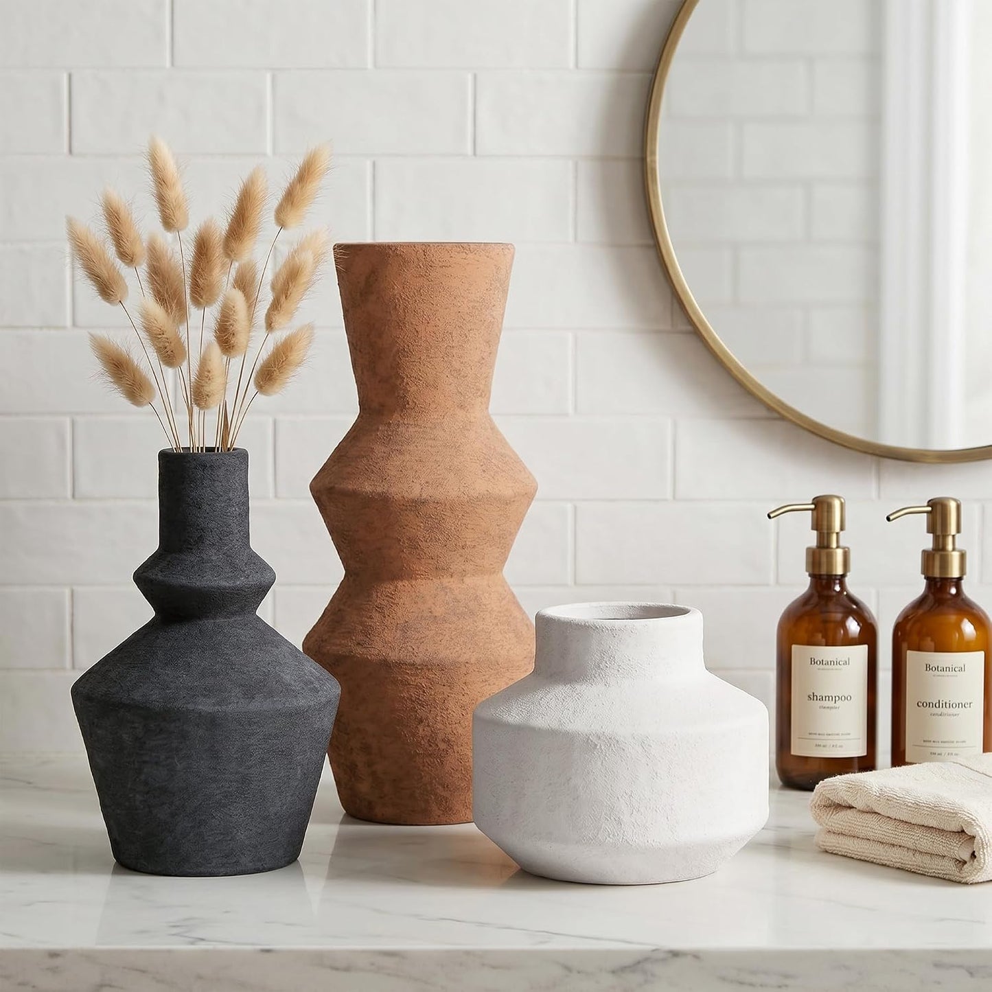 DREAMLOOM Ceramic Vase Set of 3, Modern Rustic Flower Vases for Pampas Grass, Dried & Fresh Flowers, Farmhouse Home Decor Vase for Living Room Bedroom Kitchen Shelf Centerpiece, Classic