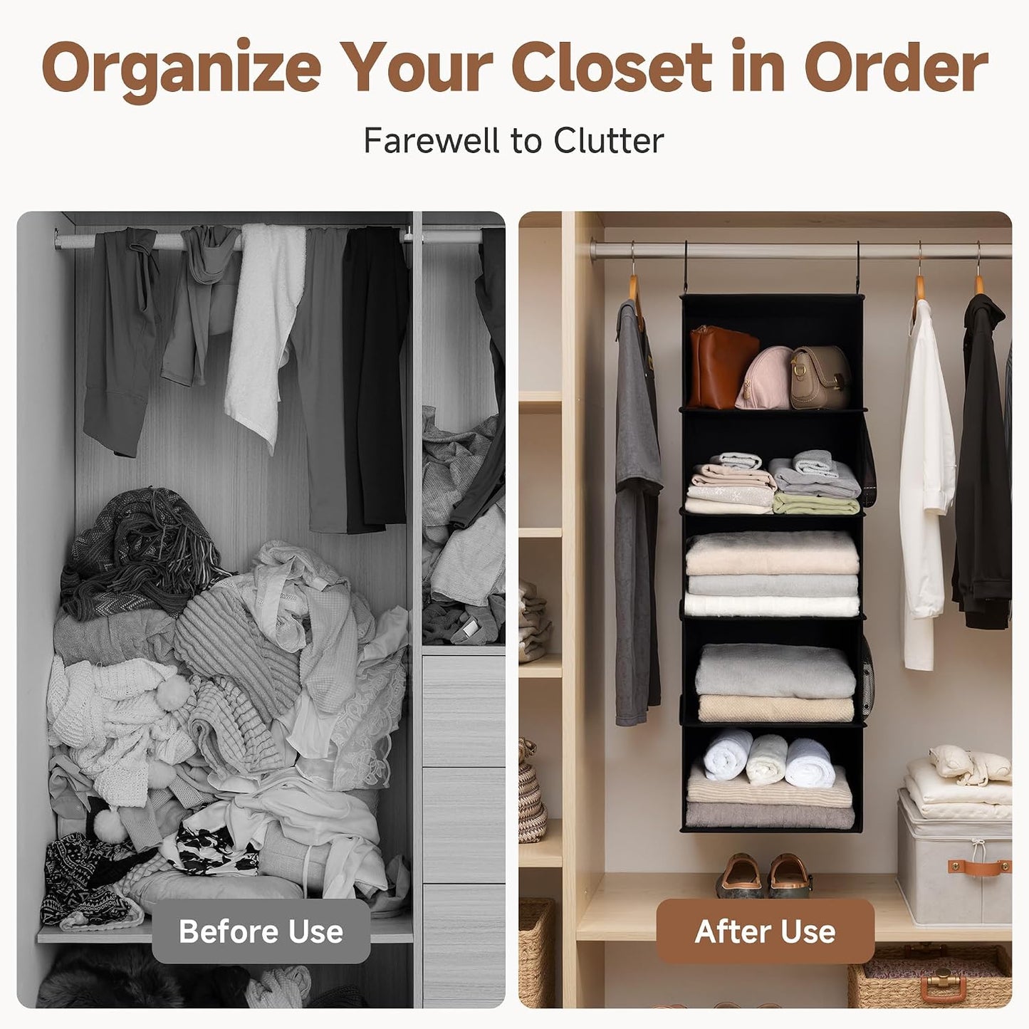 StorageWorks 6-Shelf Hanging Closet Organizer, Hanging Shelves for Closet, Fabric, Mixing of Beige, White & Ivory, 12" D x 12" W x 47 1⁄2" H