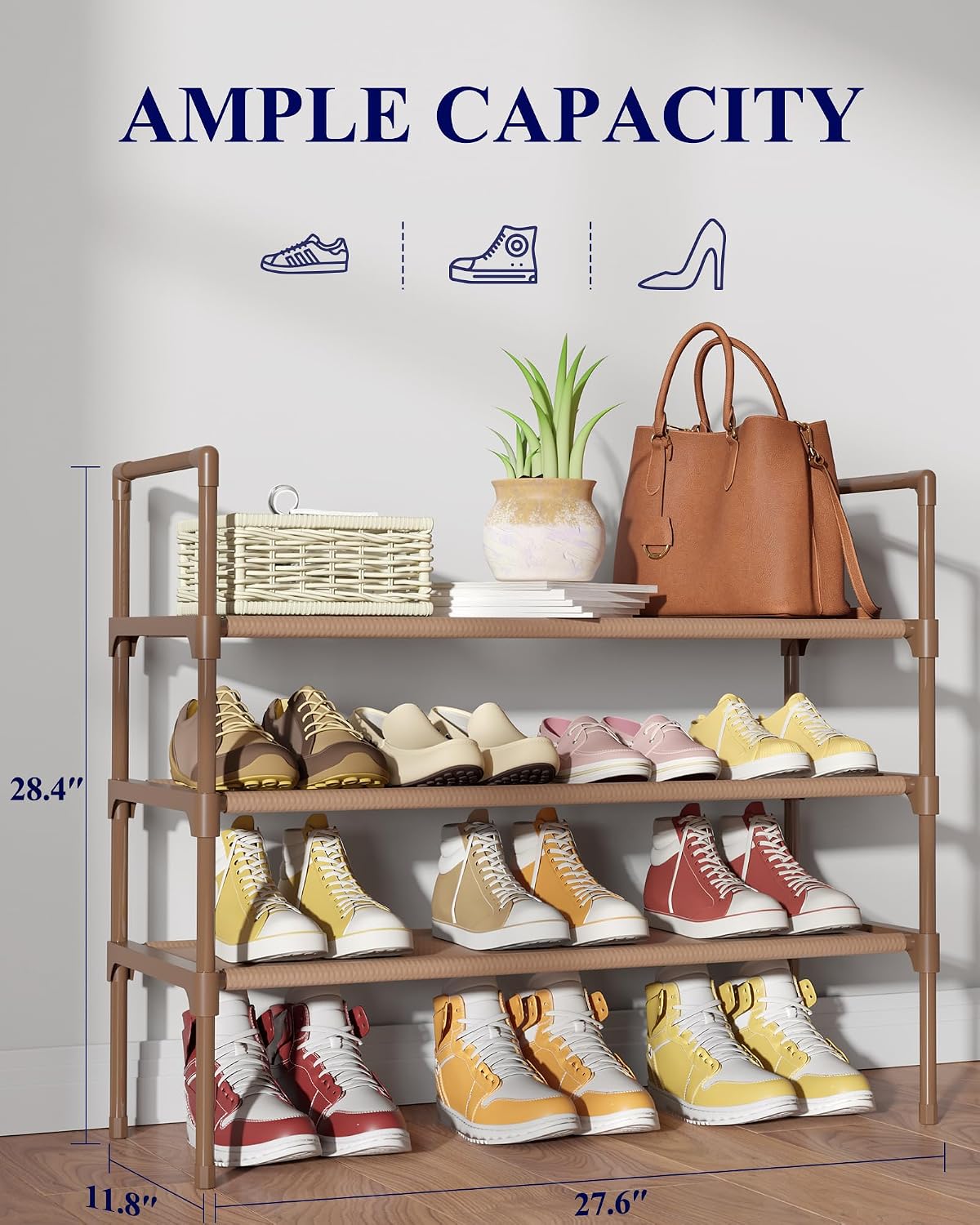 Kitsure Shoe Rack - 3-Tier Shoe Organizer, Shoe Rack for Closet, Entryway, Bedroom, Easy- Assembly Storage Shelf with Side Handles, 27.6" Wide - 3 Tiers, Grey